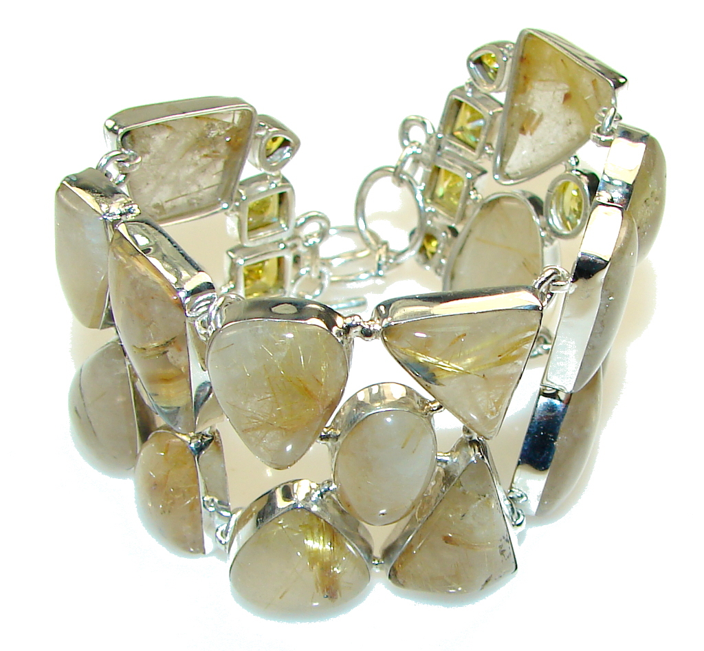 Fancy Quality!! Golden Rutilated Quartz Sterling Silver Bracelet