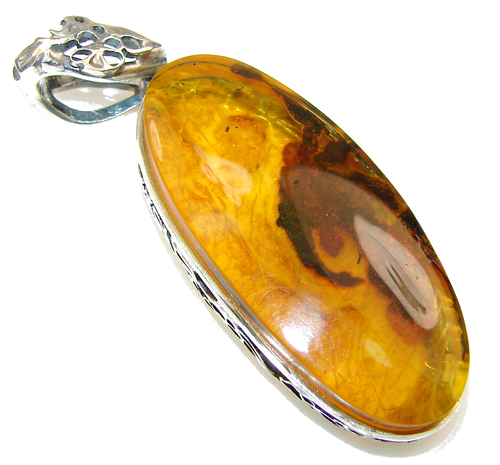 Gently! Brown Polish Amber Sterling Silver Pendant