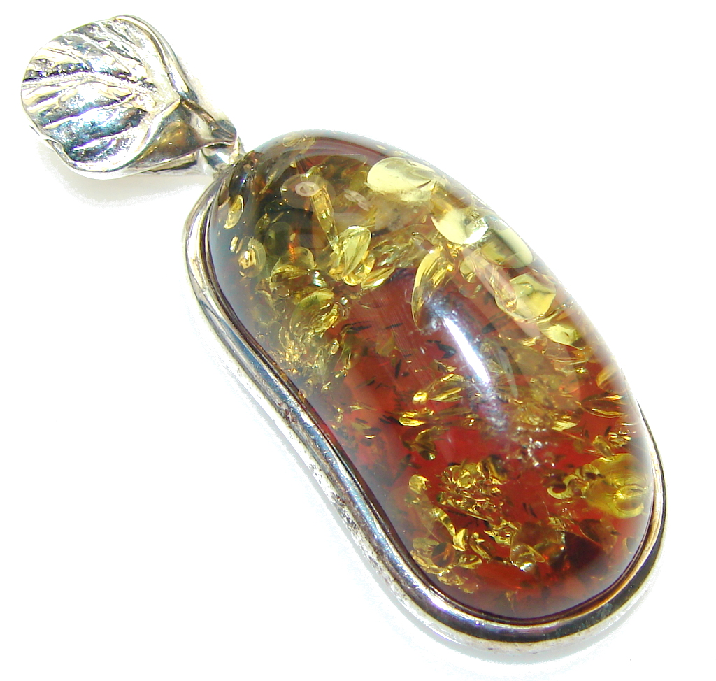 Exclusive! Brown Polish Amber Sterling Silver Pendant