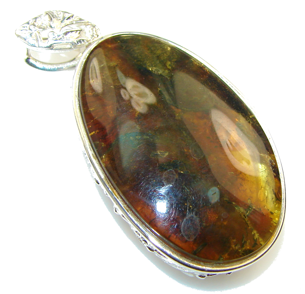 Incredible! Brown Polish Amber Sterling Silver Pendant