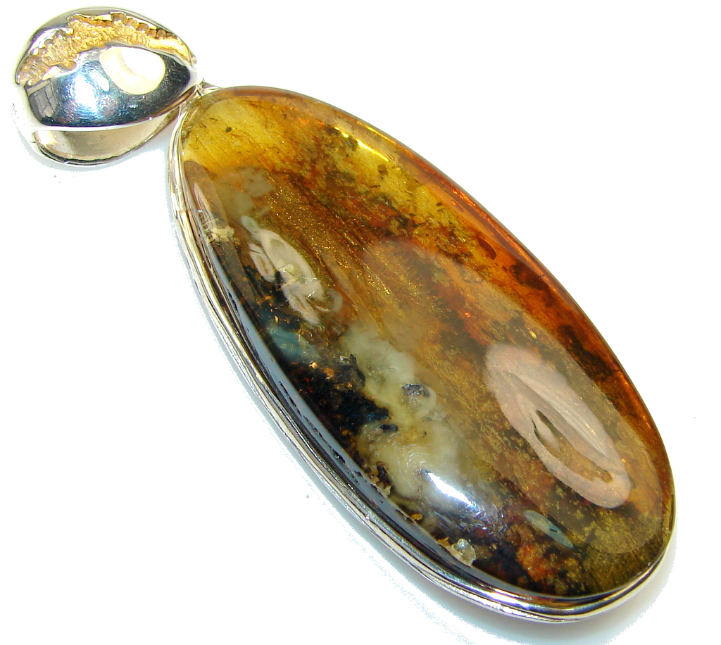 Rare Vintage!! Brown Polish Amber, Gold Plated Sterling Silver Pendant