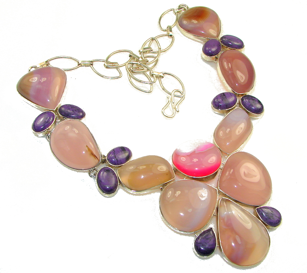 Huge! Aura Of Beauty!! Light Pink Agate Sterling Silver necklace