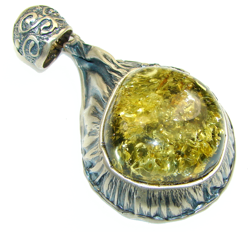 Big! Classy Green Amber Sterling Silver Pendant