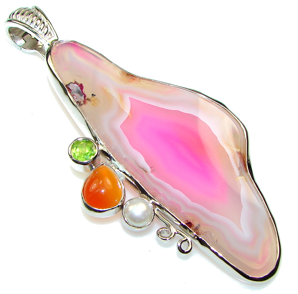 Large! New Fashion! Pink Agate Sterling Silver Pendant