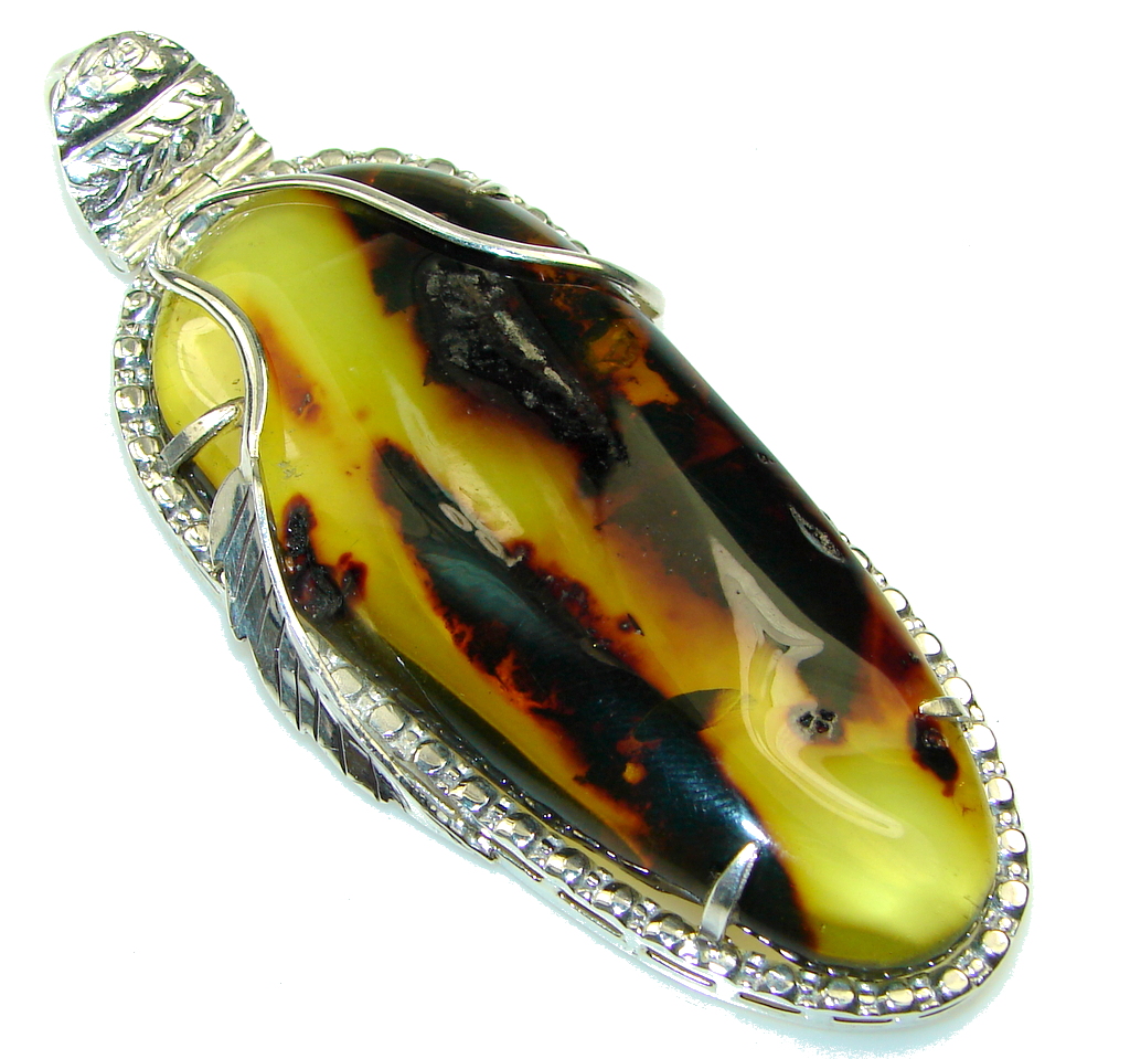 Large! Stunning Green Polish Amber Sterling Silver Pendant
