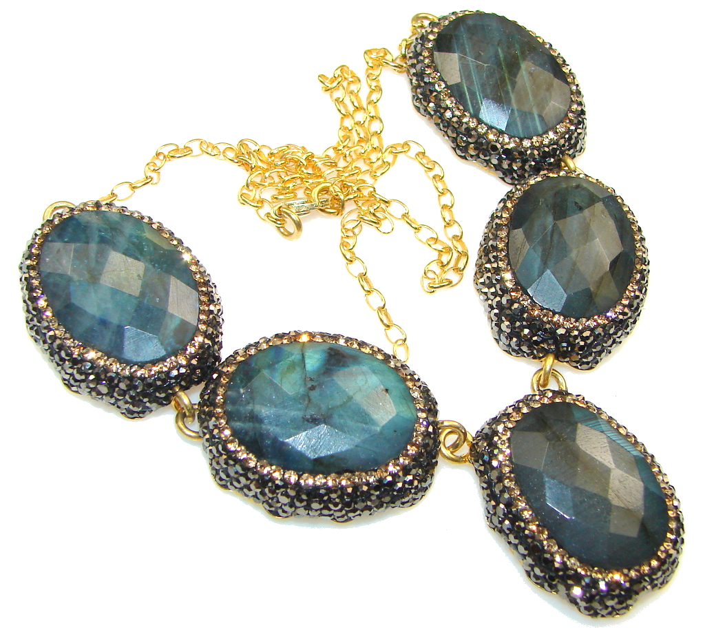 Beautiful!! Natural Blue Fire Labradorite, Gold Plated Sterling Silver necklace