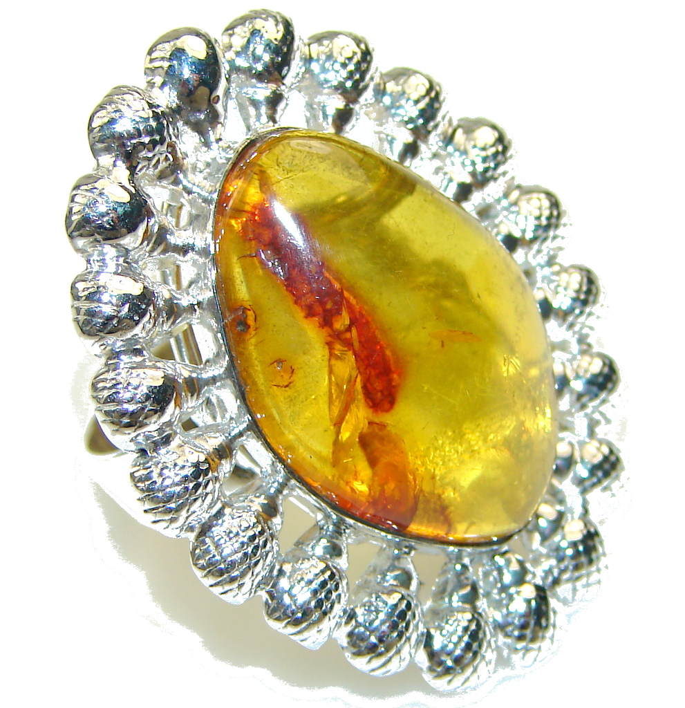 Big! Natural Polish Amber Sterling Silver Ring s. 7