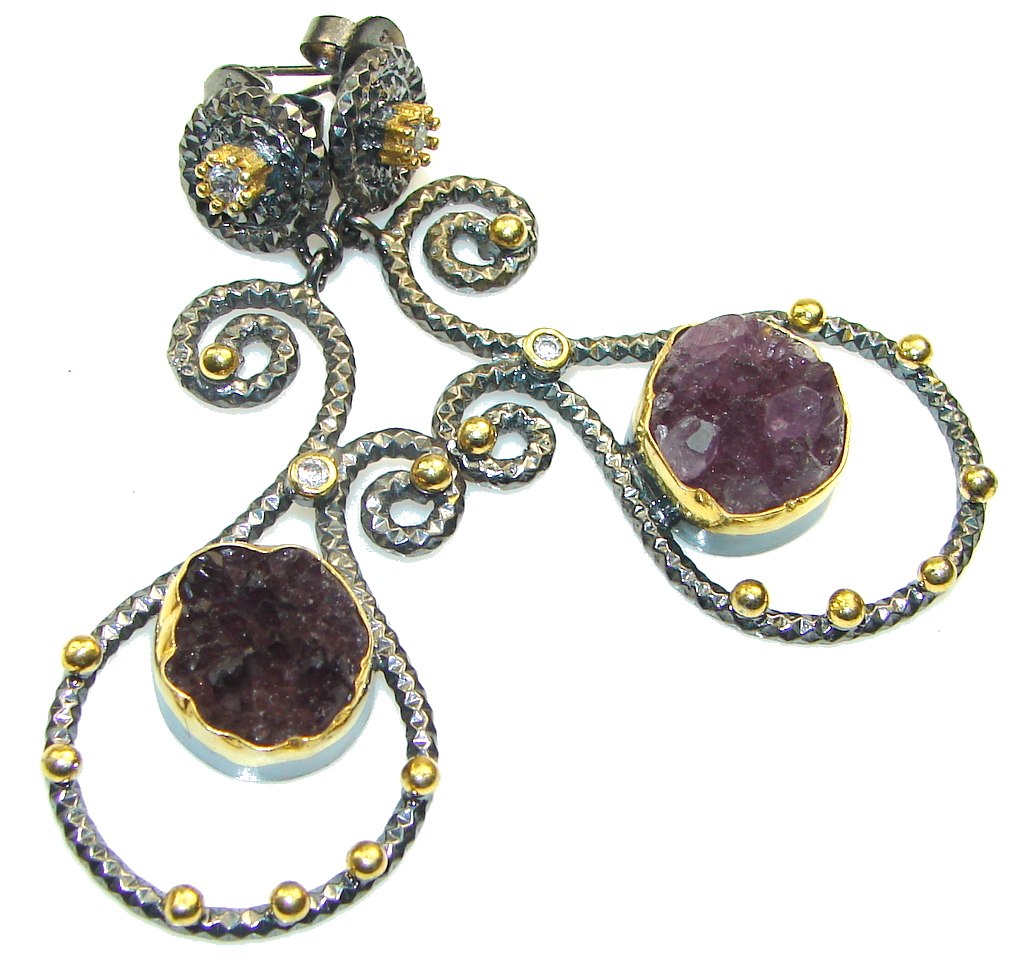 Big! New Fashion Amethyst Cluster Italy Made, Rhodium Plated Sterling Silver earrings
