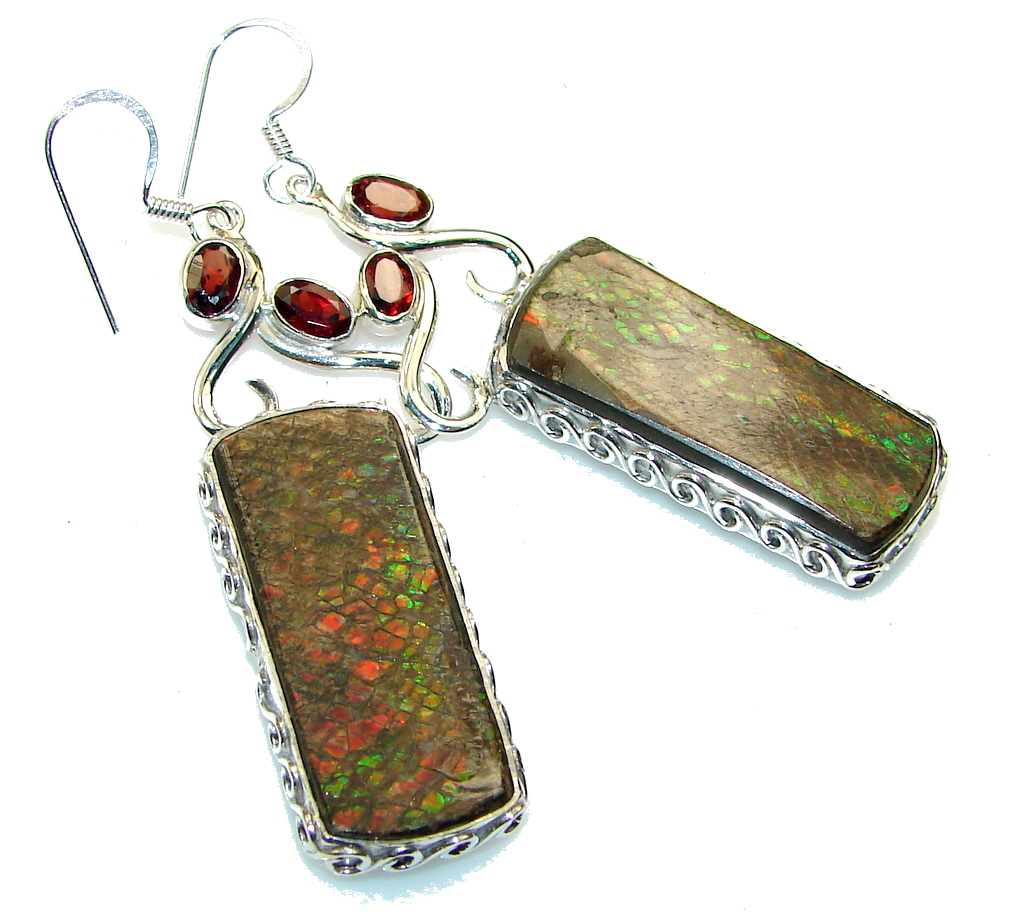 Big! Natural Red Ammolite Sterling Silver earrings