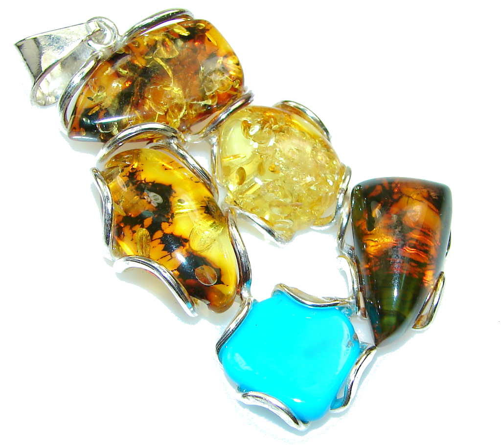 Stunning! Polish Amber , Turquoise Sterling Silver Pendant