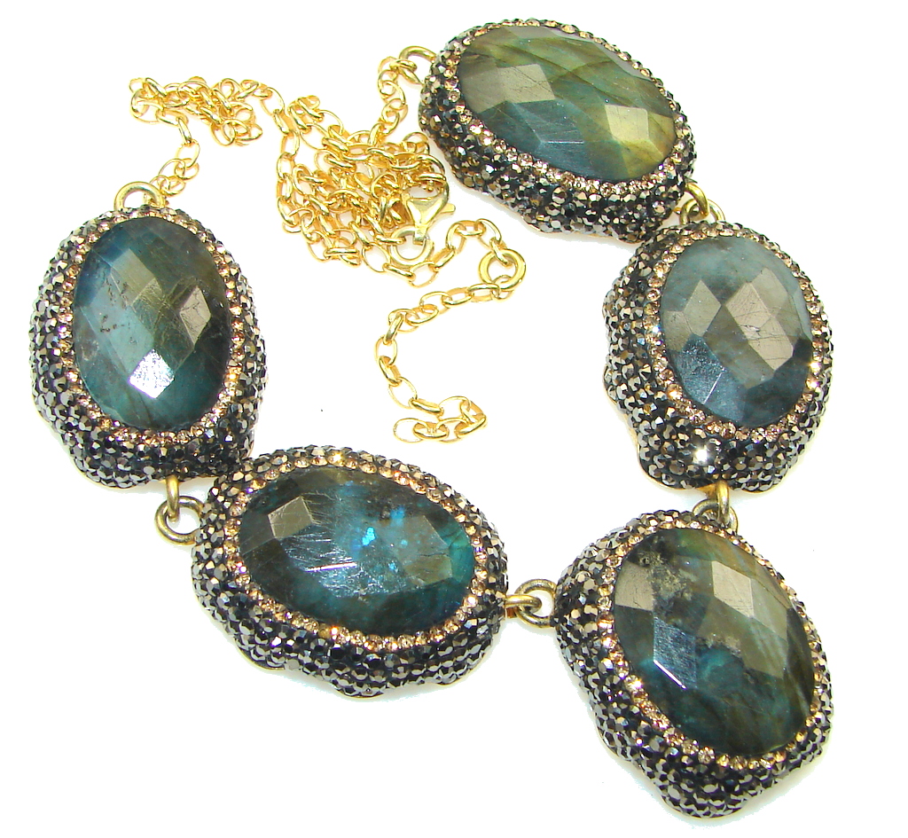 Stunning! Natural Blue Fire Labradorite, Gold Plated Sterling Silver necklace