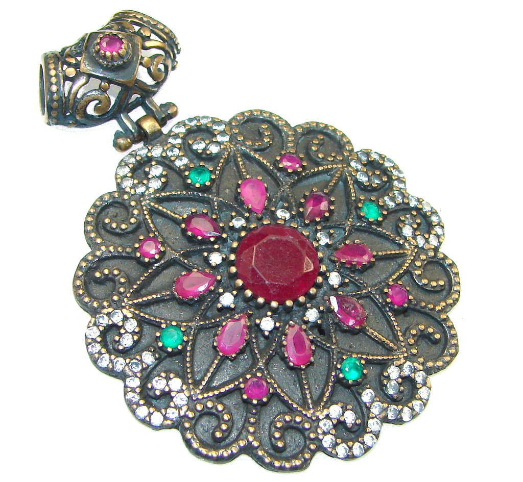 Bold Victorian Design! Pink Ruby Sterling Silver Pendant