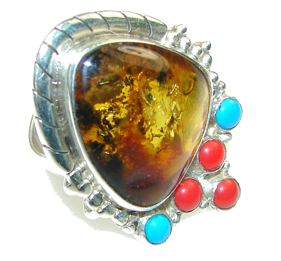 Big! Natural Polish Amber Sterling Silver Ring s. 8