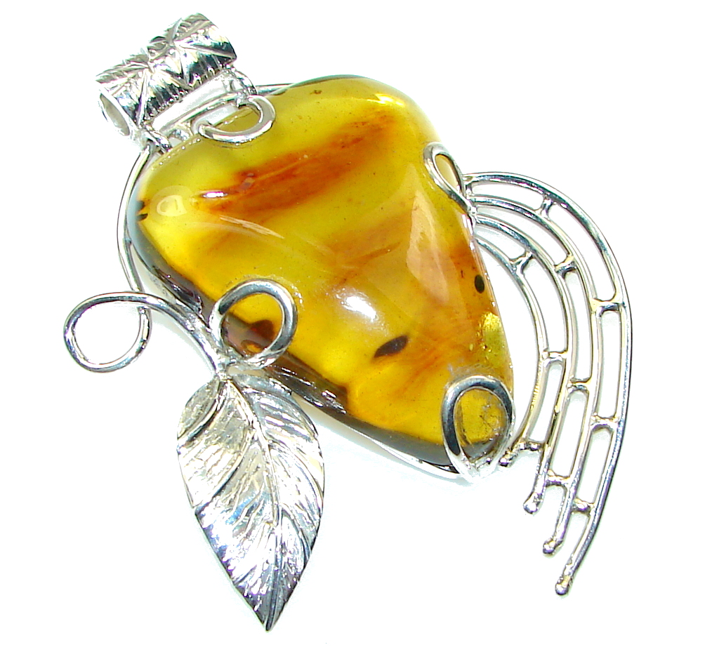 Huge Natural Polish Amber Sterling Silver Pendant