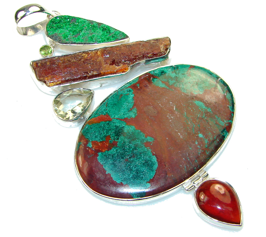 4 1/4 inch long ! Chunky Azurite Chrysocolla Sterling Silver Pendant