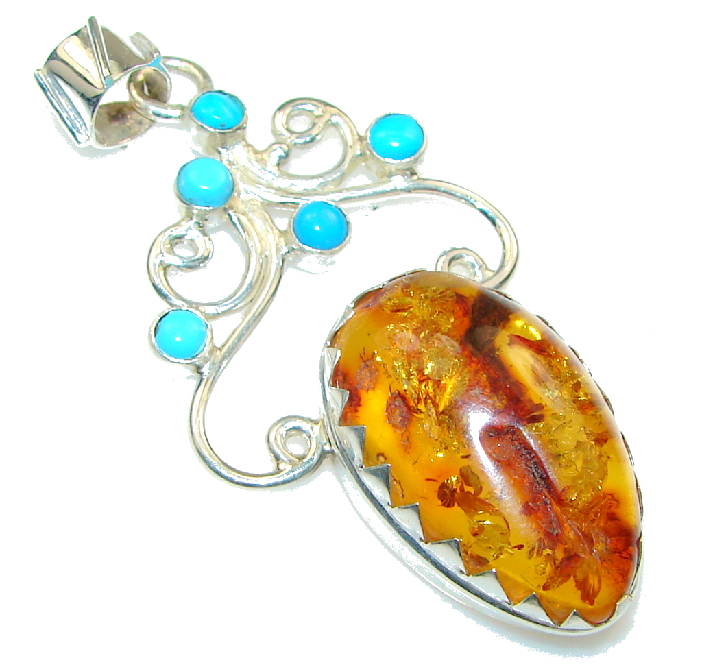 Natural!! Polish Amber , Turquoise Sterling Silver Pendant