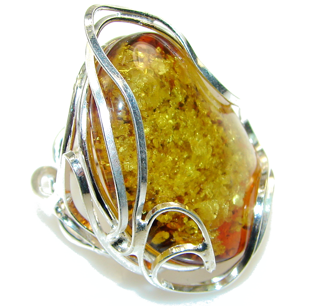 Big! Genuine Polish Amber Sterling Silver Ring s. 7 - Adjustable