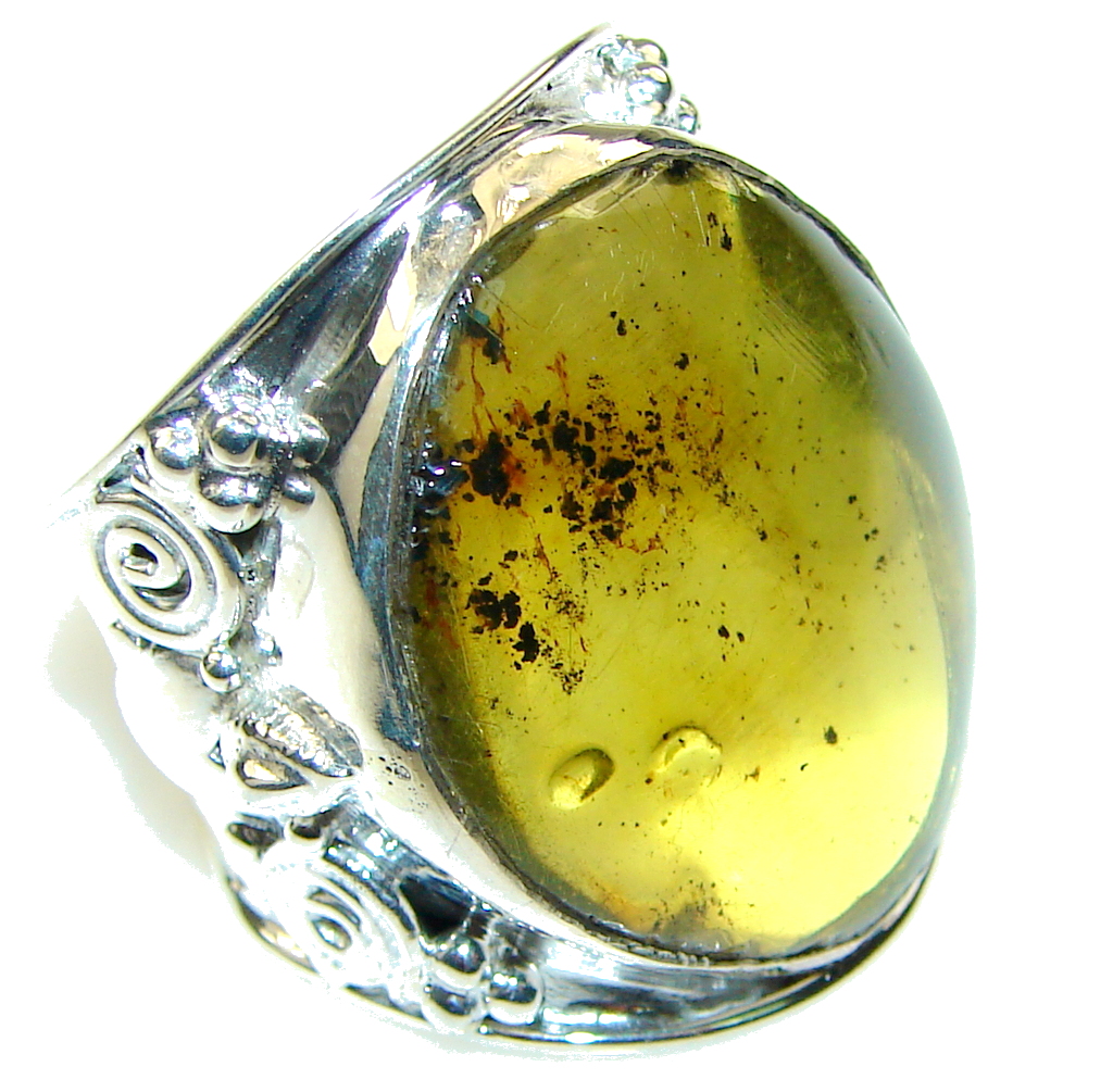 Big! Natural Green Polish Amber Sterling Silver Ring s. 9