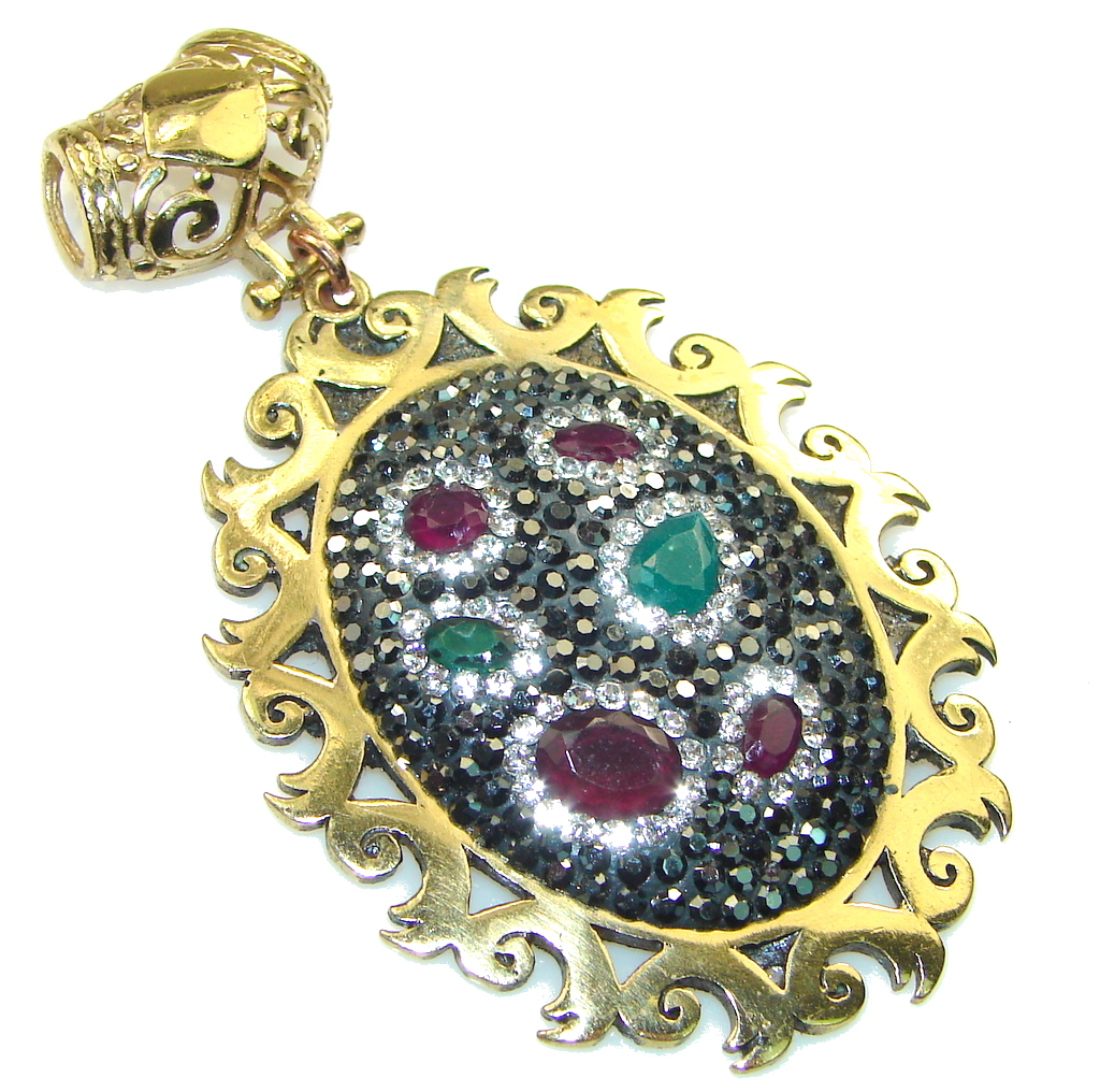 New Design! Red Ruby, Green Emerald Sterling Silver Pendant