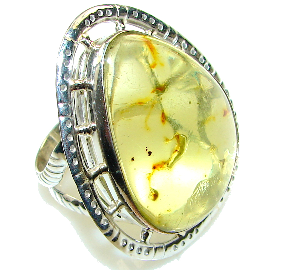 Big! Natural Green Polish Amber Sterling Silver Ring s. 11 1/2
