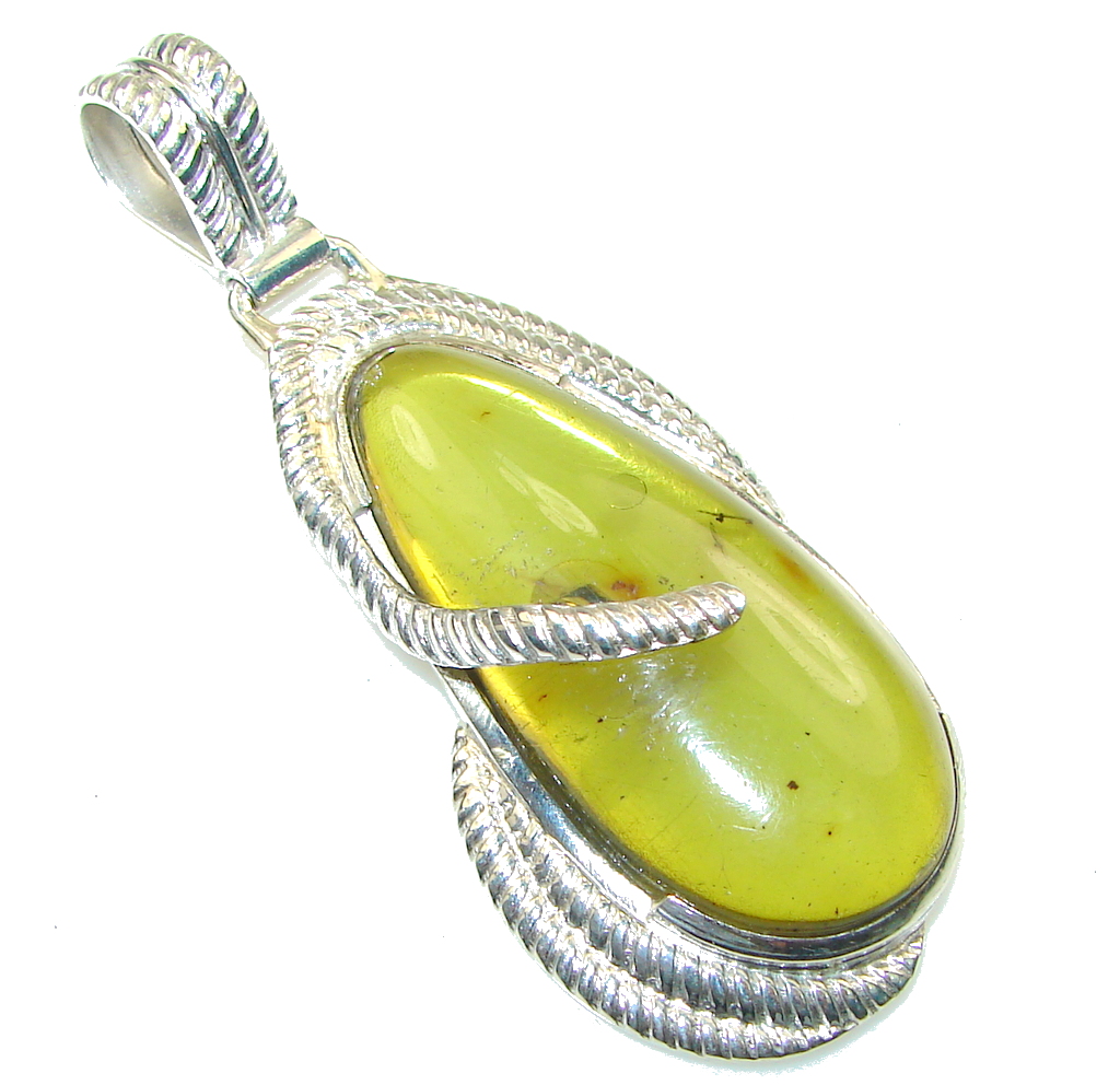 Natural! Green Polish Amber Sterling Silver Pendant
