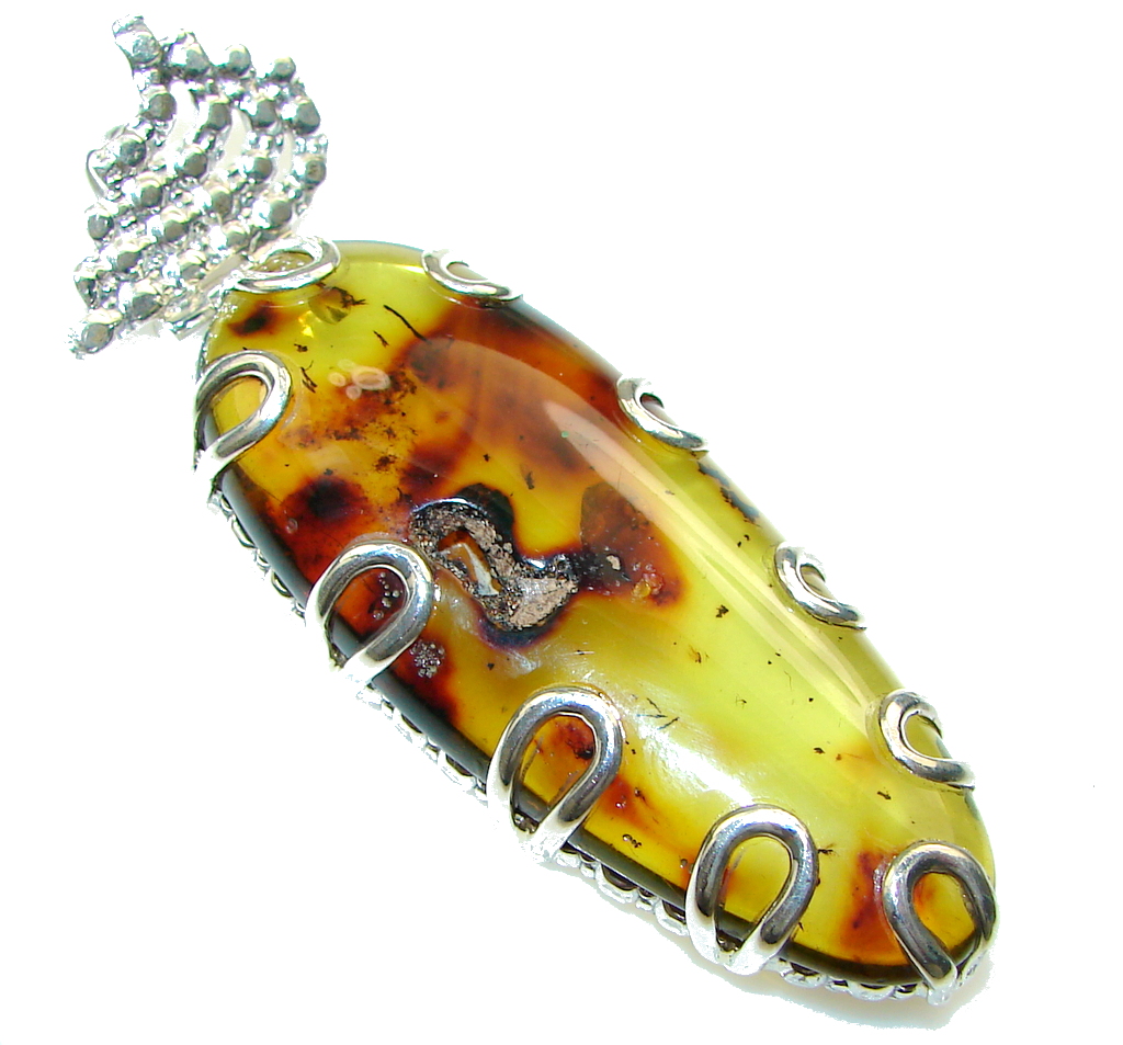 Big! Natural Brown Polish Amber Sterling Silver Pendant