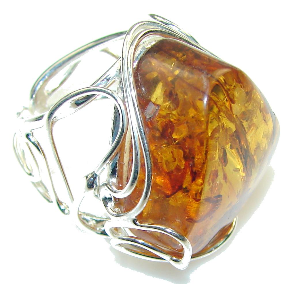 Big! Natural! Brown Polish Amber Sterling Silver Ring s. 8- Adjustable
