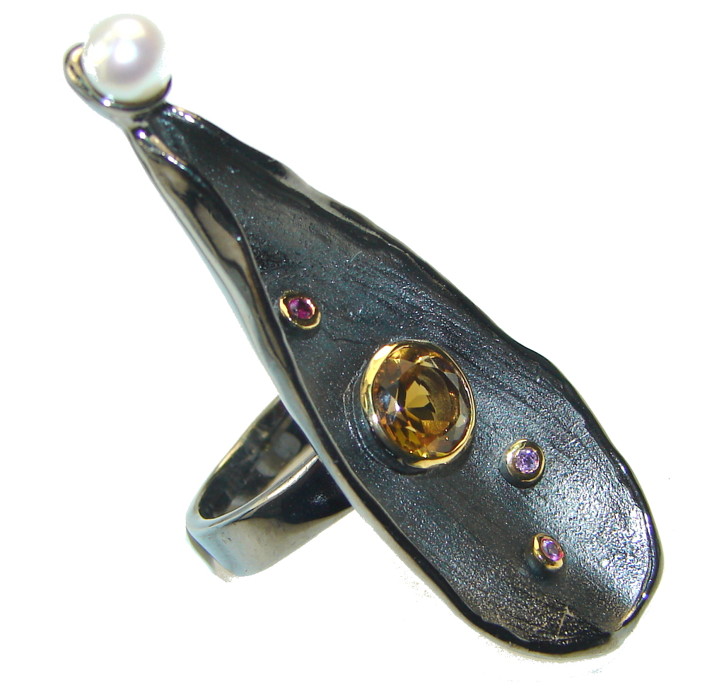 Italy Made,Rhodium Plated, 18ct Gold Plated Citrine Sterling Silver Ring s. 6 1/2