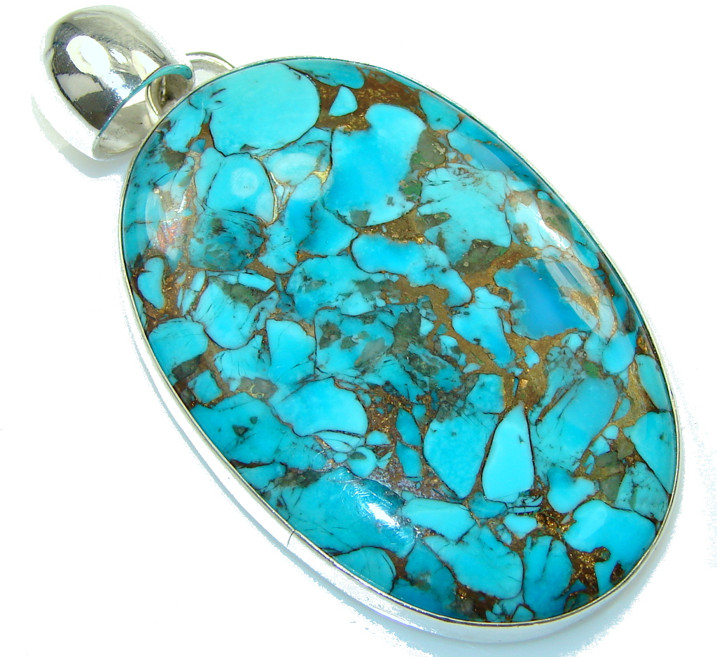 Big! Natural Blue Copper Turquoise Sterling Silver Pendant