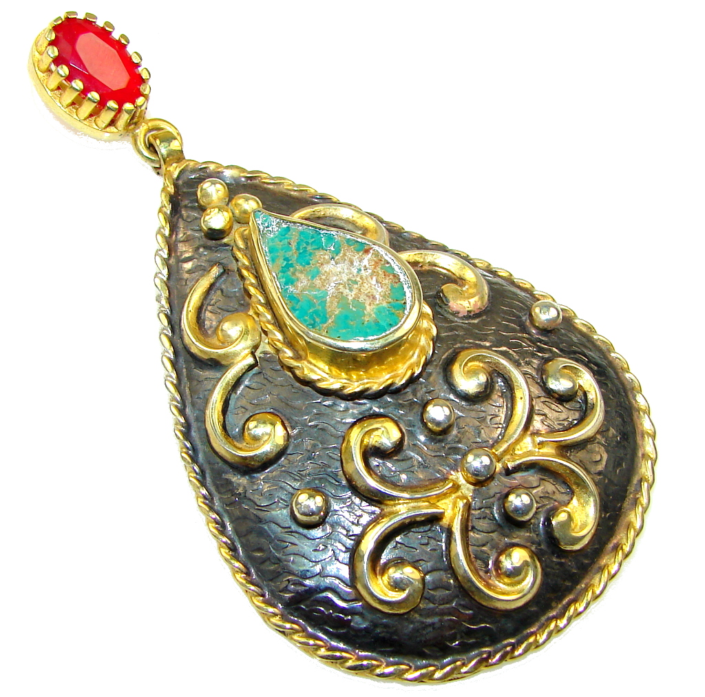 Large! Italy Made Green Turquoise, Gold Plated, Rhodium Plated Sterling Silver Pendant