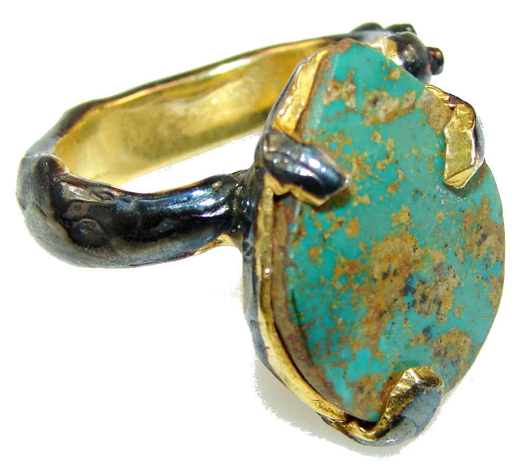 Italy Made Green Copper Turquoise, Rhodium Plated, Gold Plated Sterling Silver Ring s. 6