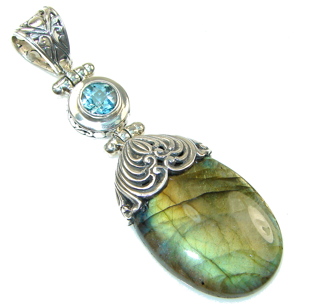 Big! Bali Collection Labradorite, Blue Topaz Sterling Silver Pendant