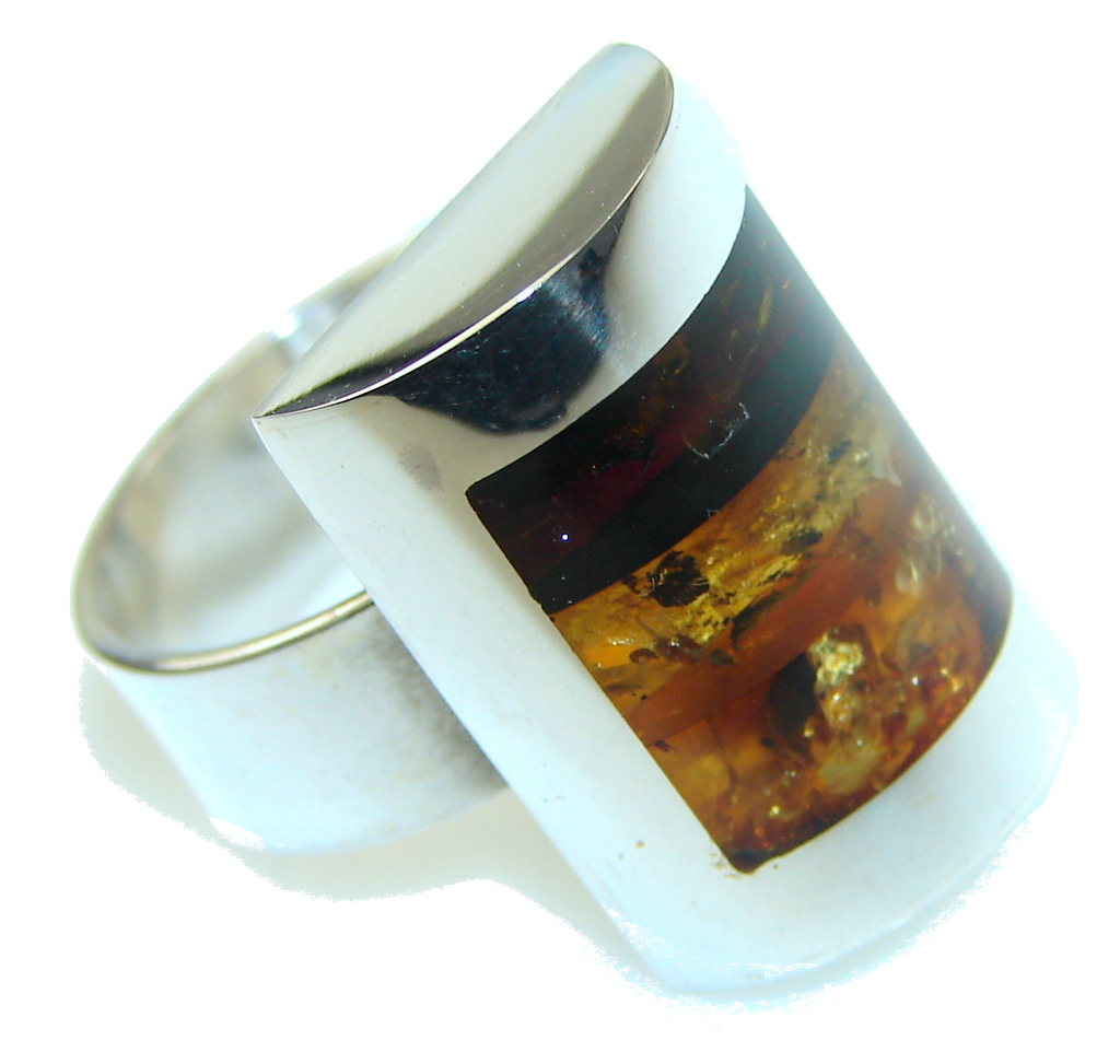 Mosaic Brown Polish Amber Sterling Silver Ring s. 8