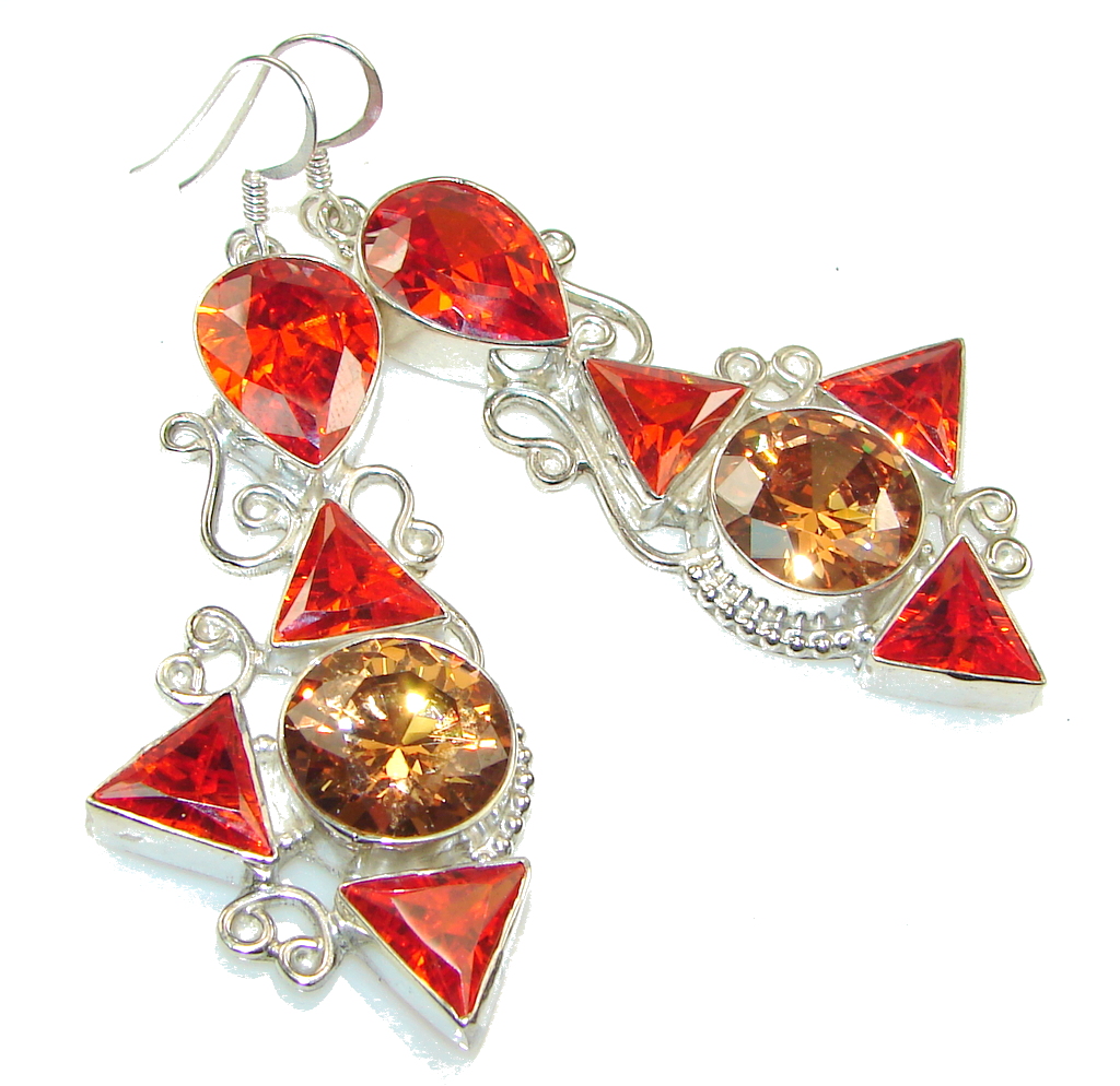 Big! Spark Of Life!! Golden Topaz Quartz, Garnet Quartz Sterling Silver earrings