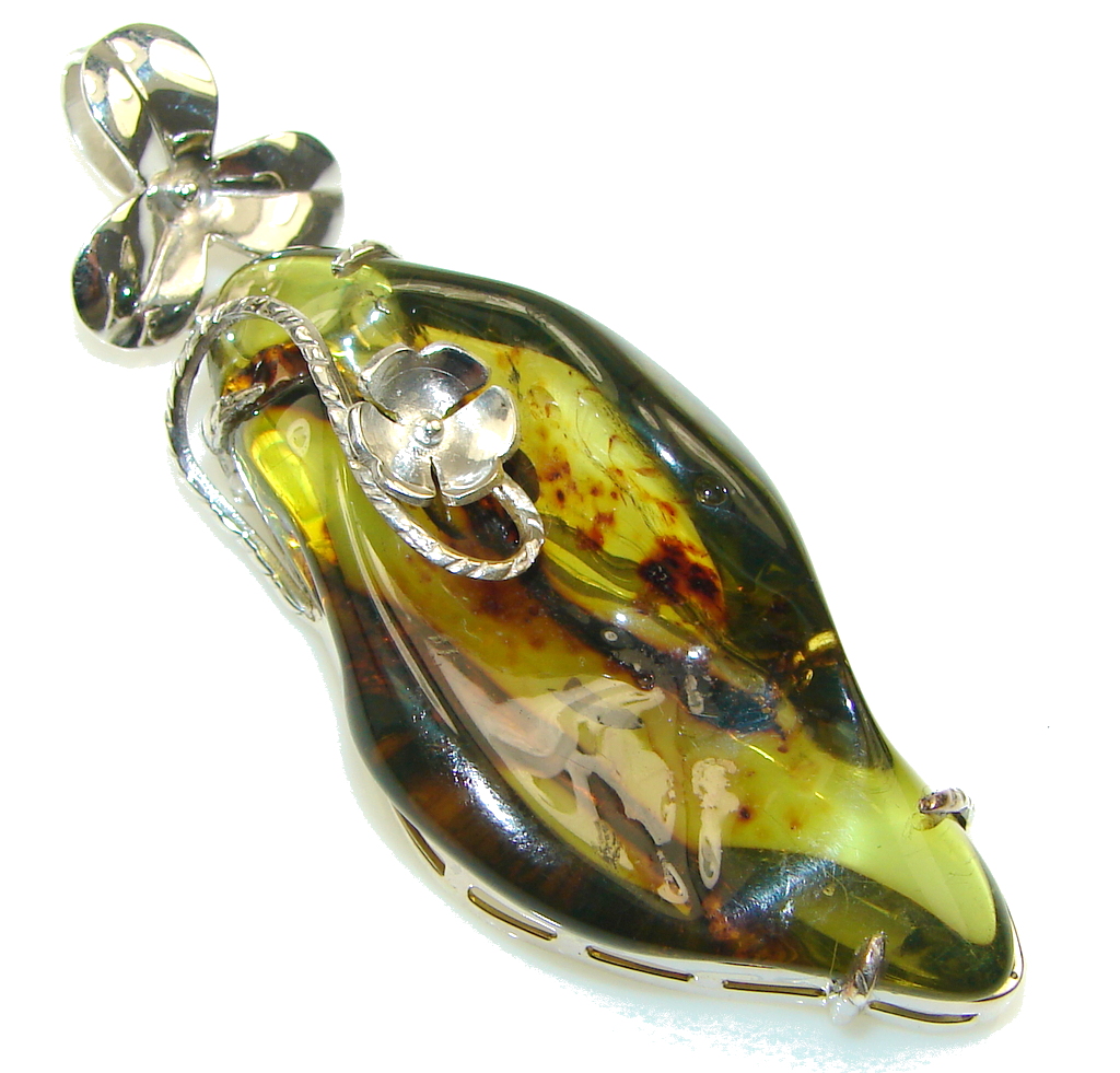 Big! Classic Natural Green Amber Sterling Silver Pendant