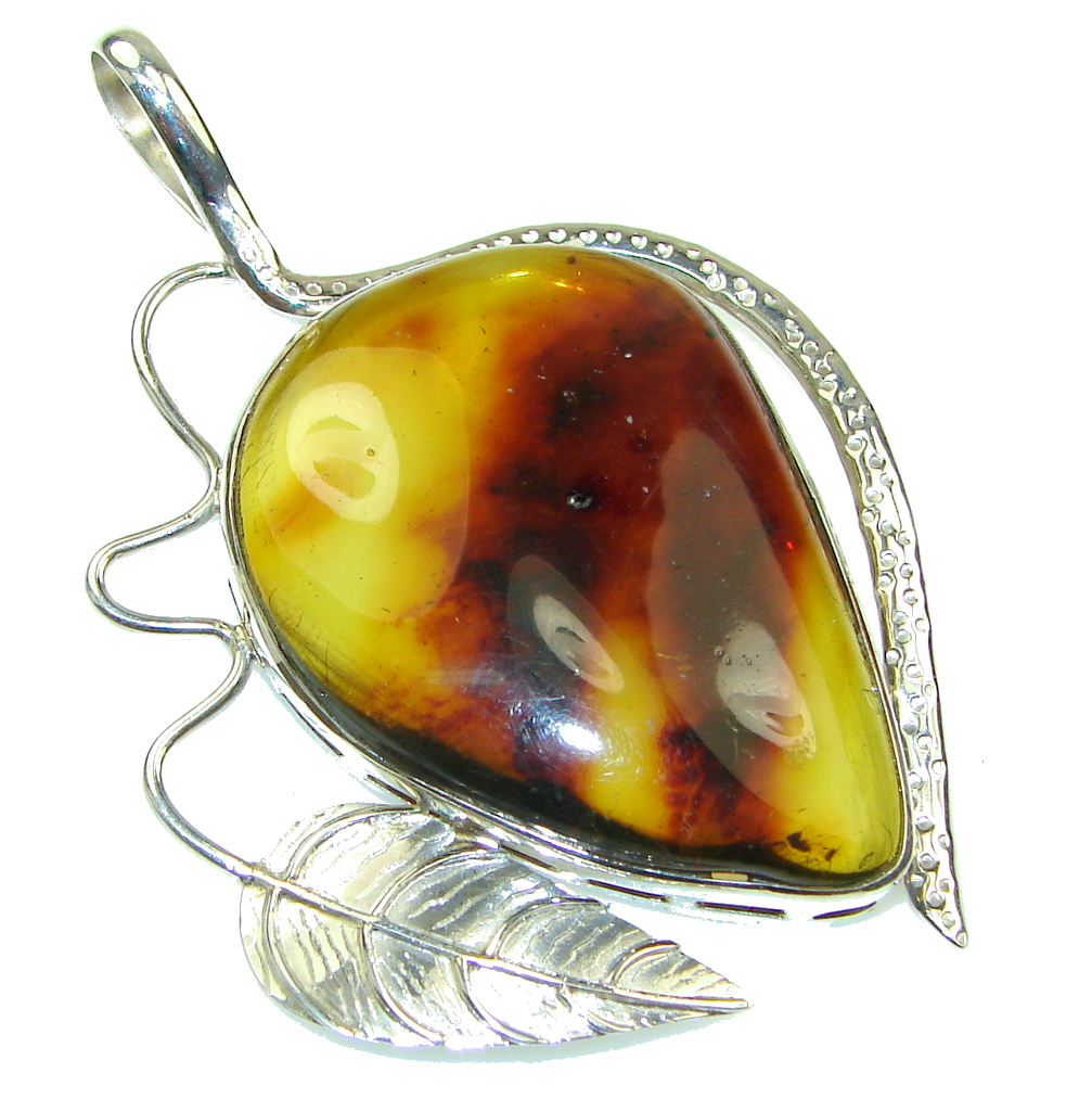 Large! Genuine Brown Polish Amber Sterling Silver Pendant