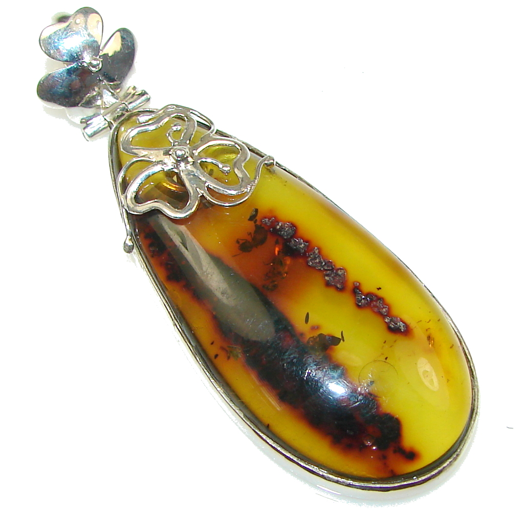 Big! Genuine Brown Polish Amber Sterling Silver Pendant