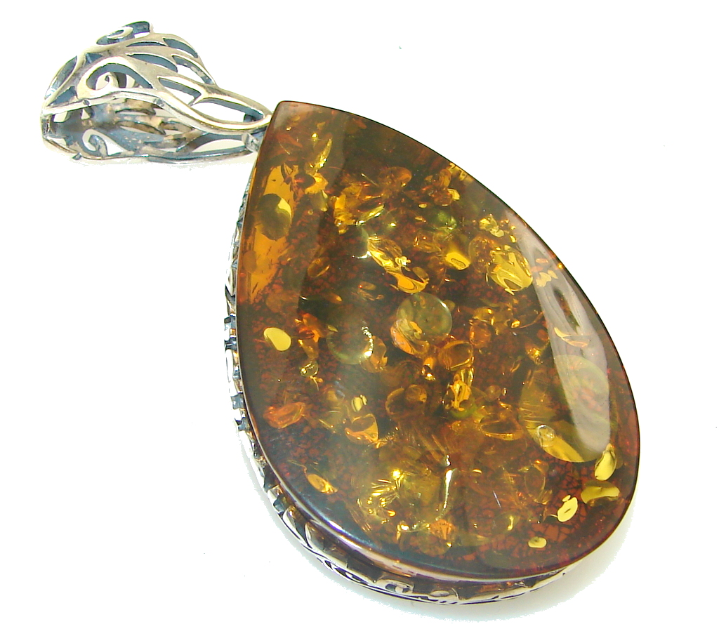 Natural Brown Polish Amber Sterling Silver Pendant