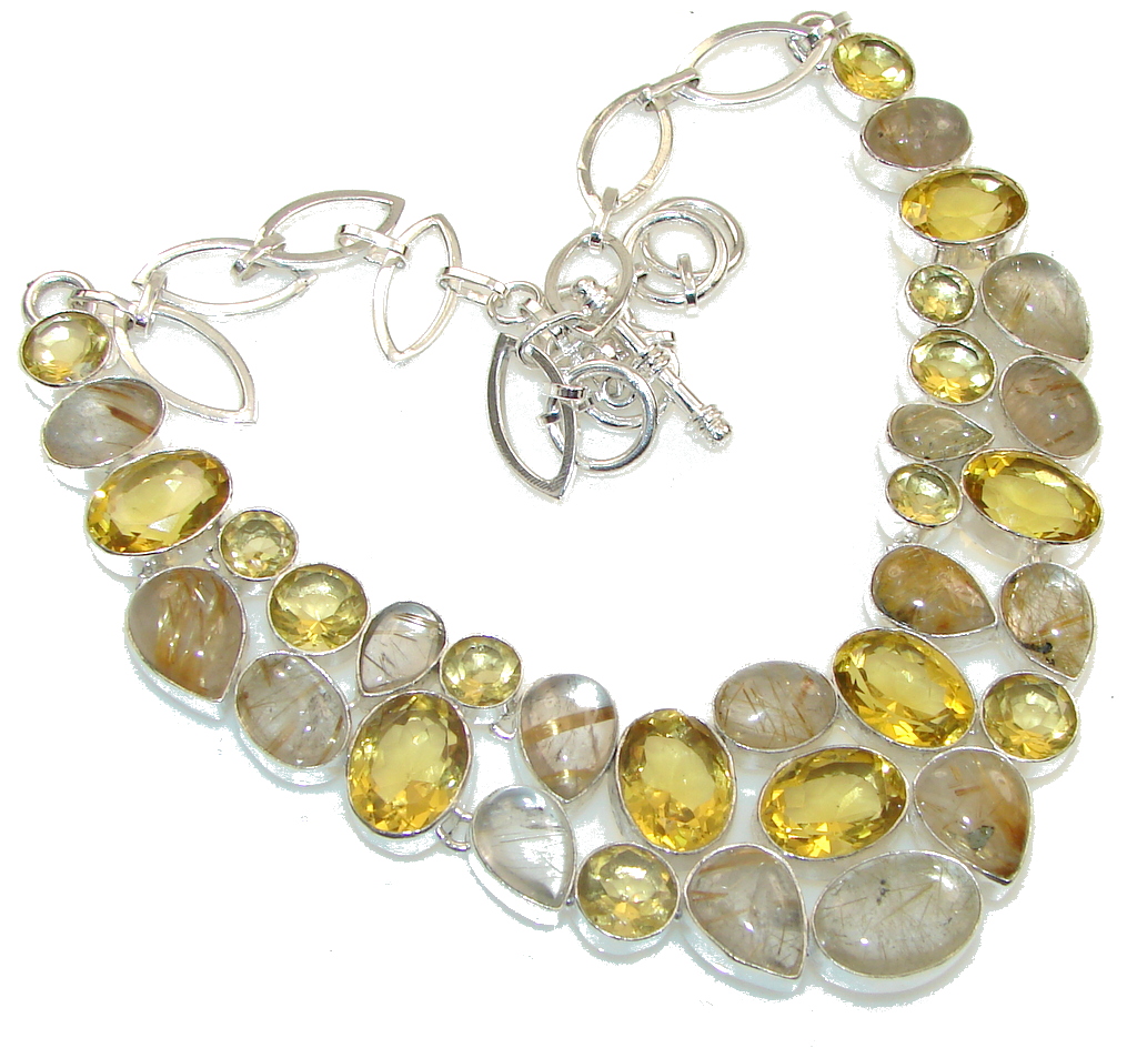 Fancy Quality!! Golden Rutilated Quartz Sterling Silver necklace