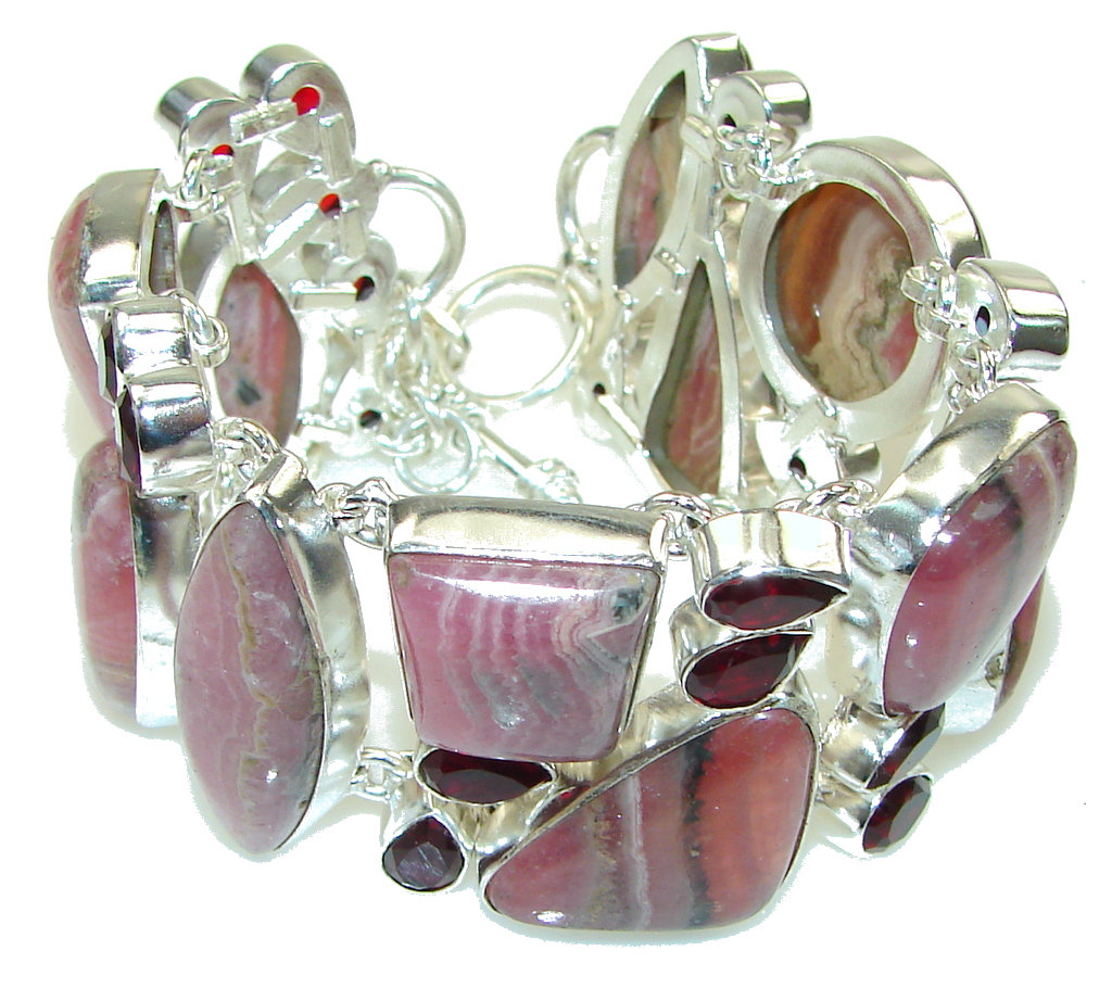 Chunky Pink Rhodochrosite, Red Garnet Sterling Silver Bracelet