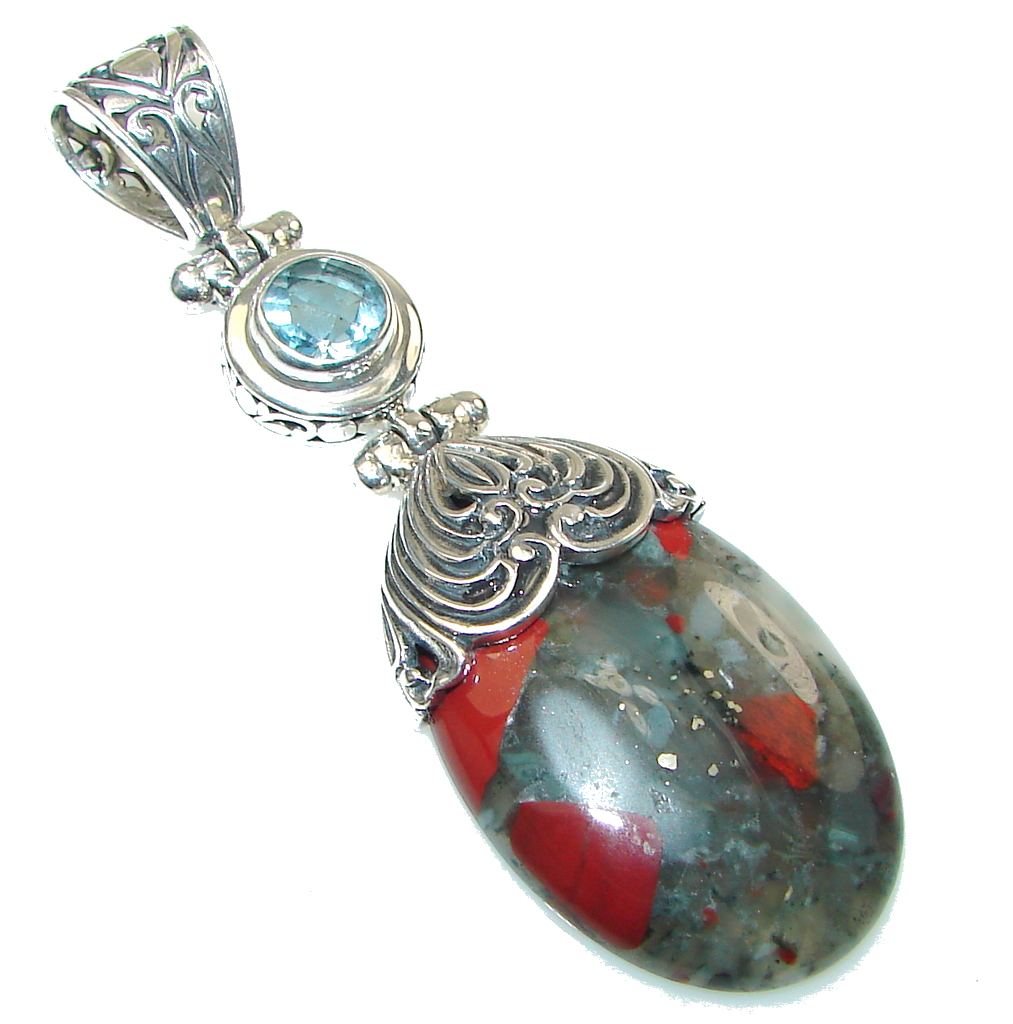 Bali Collection Moss Agate Blue Topaz Sterling Silver Pendant