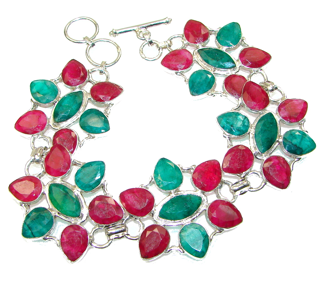 Natural Beauty! Emerald Ruby Sterling Silver Bracelet