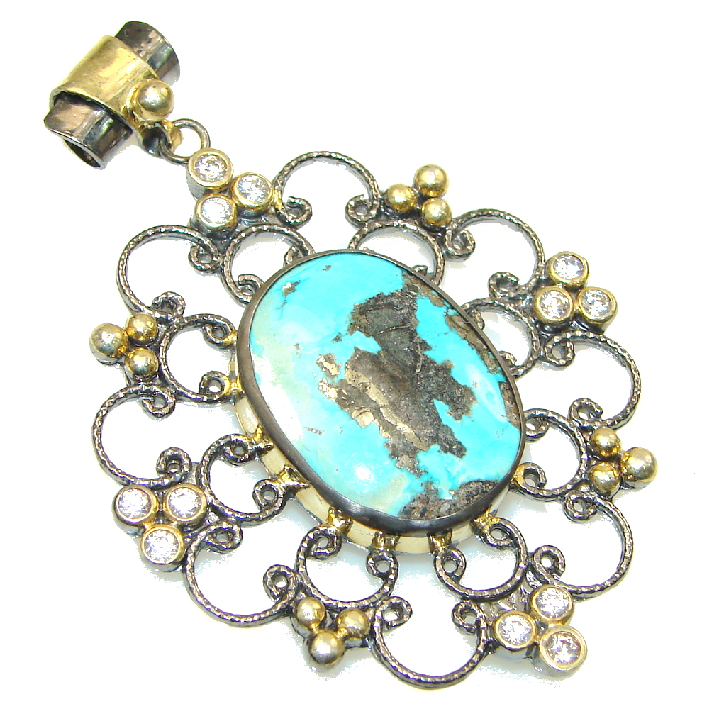 Victorian Style Carico Lake Copper Turquoise Sterling Silver Pendant