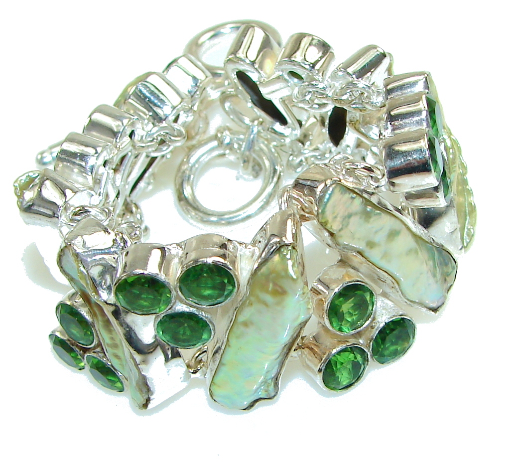 Chunky Mother Of Pearl, Quartz Sterling Silver Bracelet