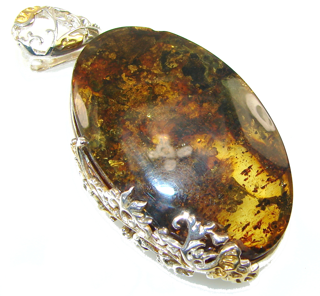 Natural! Brown Polish Amber Two Tones Sterling Silver Pendant