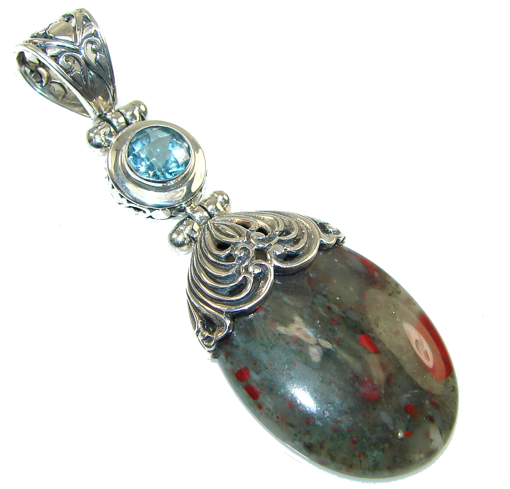 Bali Collection Moss Agate Blue Topaz Sterling Silver Pendant