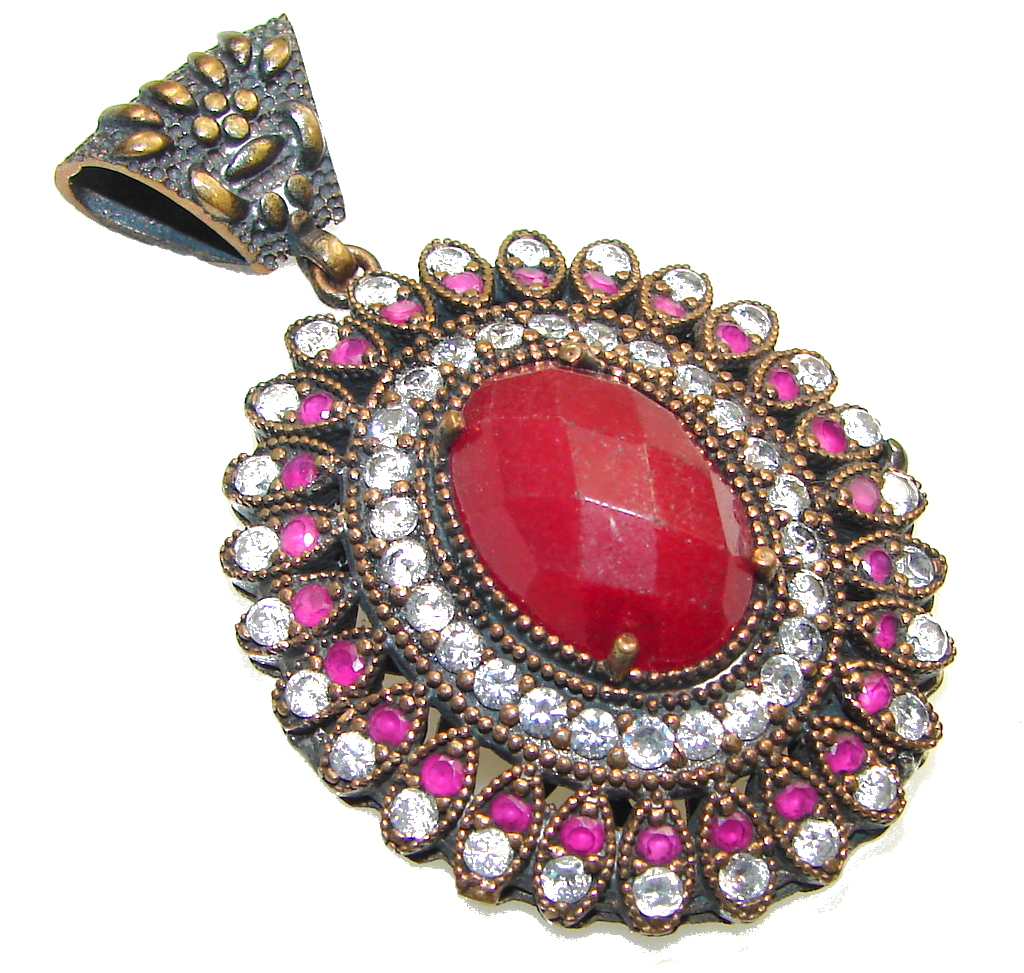 Big! Victorain Style! Red Ruby Sterling Silver Pendant