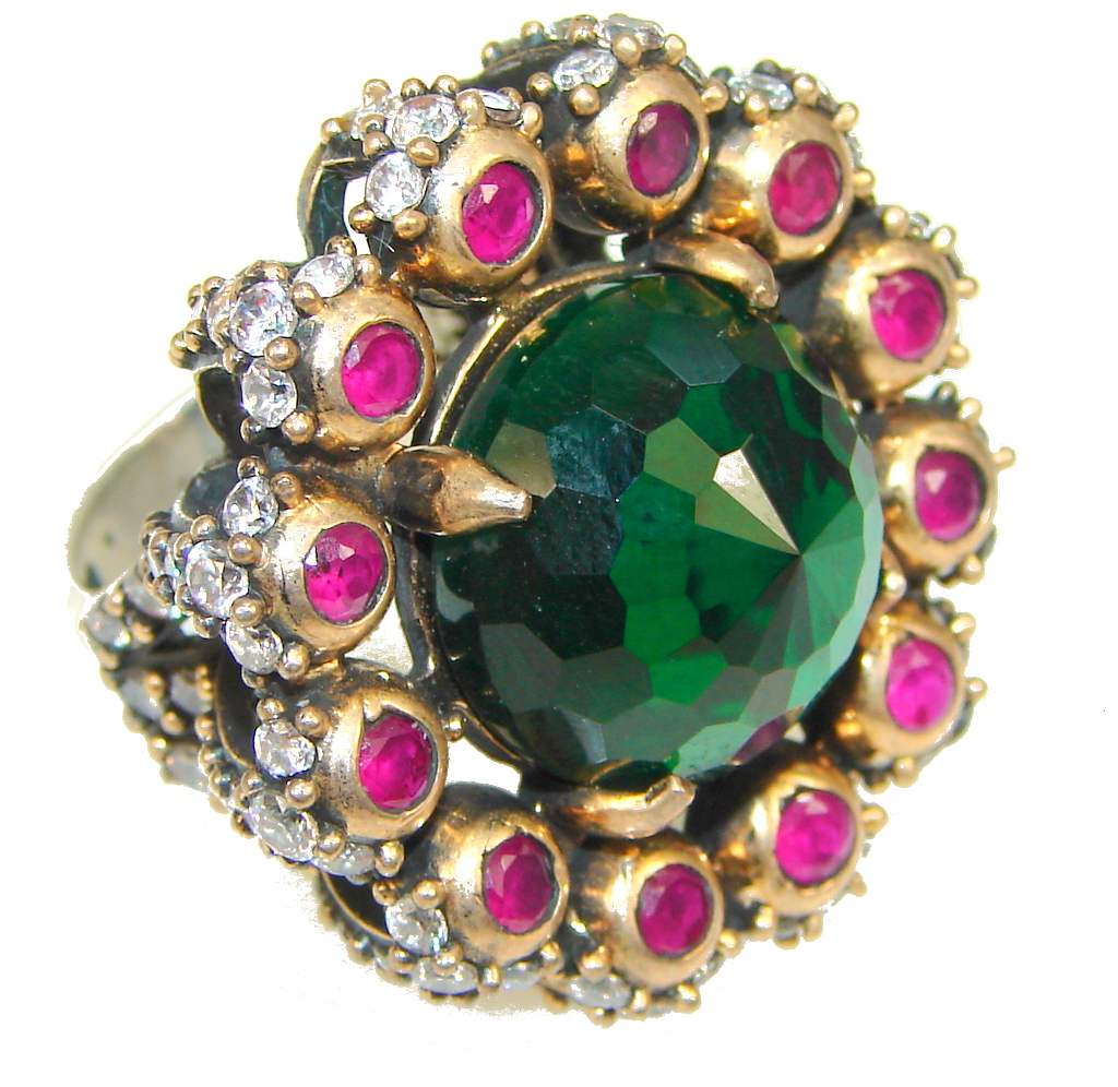 Victorian Style! Green Quartz, Ruby Sterling Silver Ring s. 8 1/2