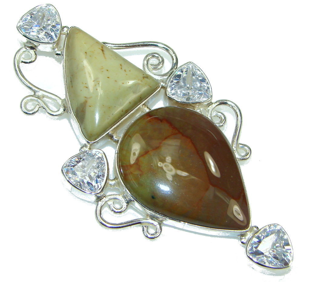 Big! Amazing Brown-Green Wild Horse Jasper Sterling Silver Pendant