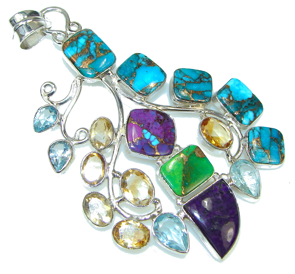 Big! Amazing Multicolor Copper Turquoise Sterling Silver Pendant
